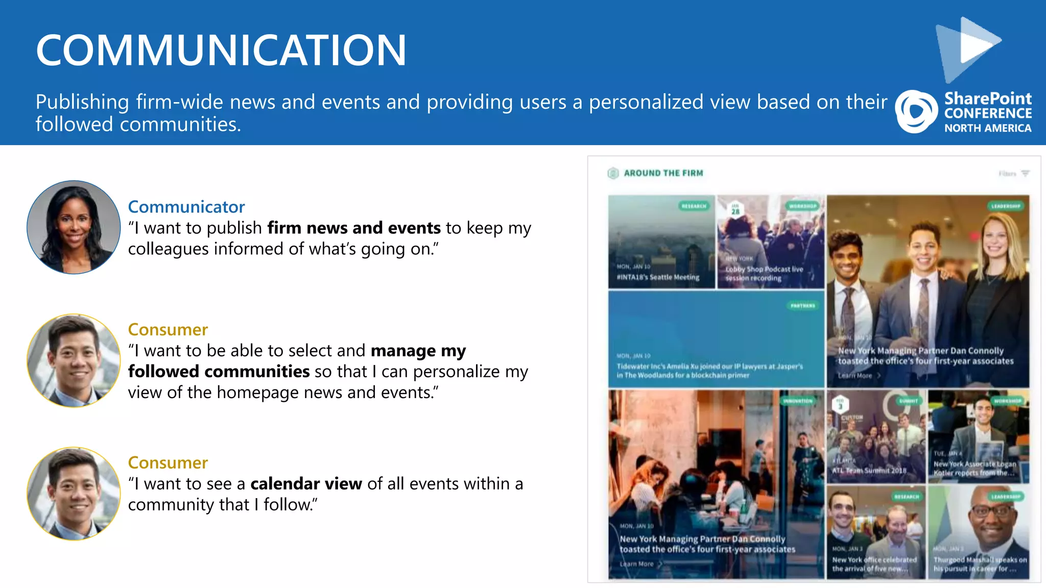 COMMUNICATION
Publishing firm-wide news and events and providing users a personalized view based on their
followed communities.
Communicator
“I want to publish firm news and events to keep my
colleagues informed of what’s going on.”
Consumer
“I want to be able to select and manage my
followed communities so that I can personalize my
view of the homepage news and events.”
Consumer
“I want to see a calendar view of all events within a
community that I follow.”
 