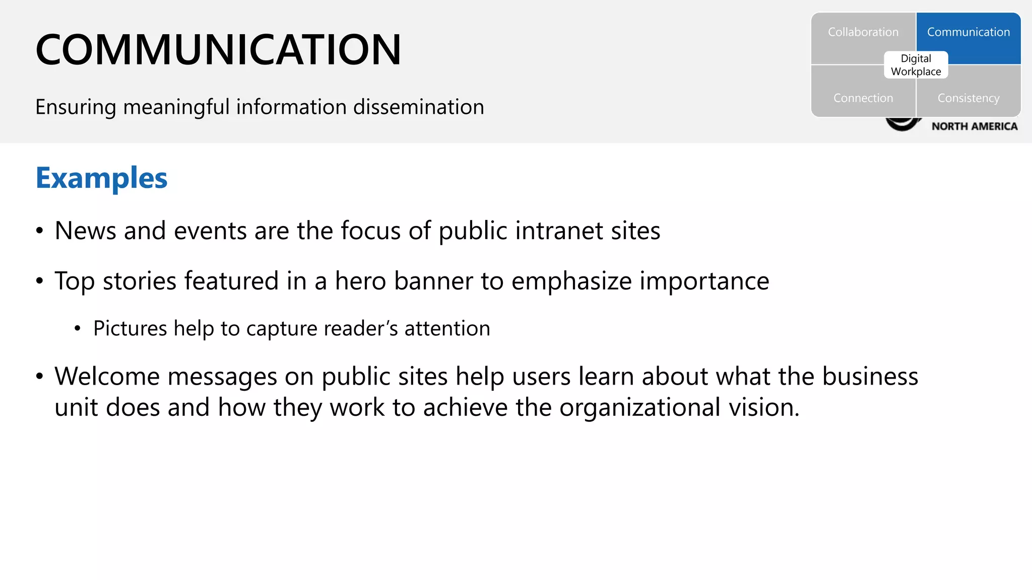 COMMUNICATION
Ensuring meaningful information dissemination
Collaboration Communication
Connection Consistency
Digital
Workplace
Examples
• News and events are the focus of public intranet sites
• Top stories featured in a hero banner to emphasize importance
• Pictures help to capture reader’s attention
• Welcome messages on public sites help users learn about what the business
unit does and how they work to achieve the organizational vision.
 