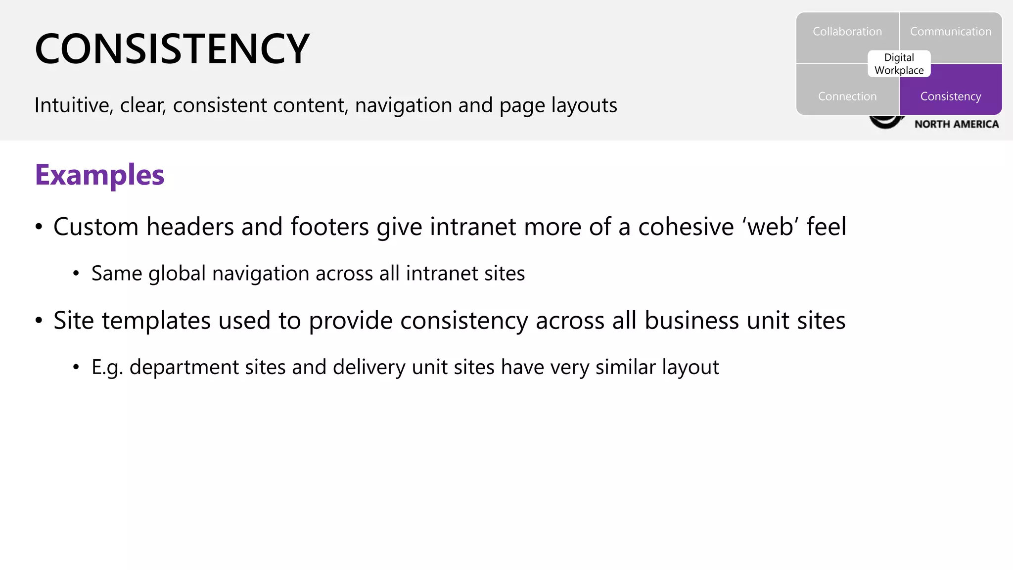 CONSISTENCY
Intuitive, clear, consistent content, navigation and page layouts
Collaboration Communication
Connection Consistency
Digital
Workplace
Examples
• Custom headers and footers give intranet more of a cohesive ‘web’ feel
• Same global navigation across all intranet sites
• Site templates used to provide consistency across all business unit sites
• E.g. department sites and delivery unit sites have very similar layout
 