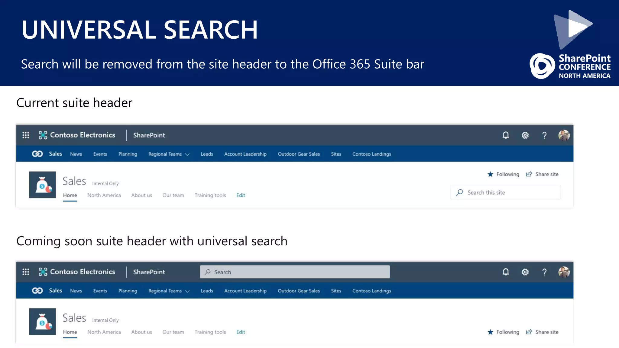 UNIVERSAL SEARCH
Search will be removed from the site header to the Office 365 Suite bar
Current suite header
Coming soon suite header with universal search
 