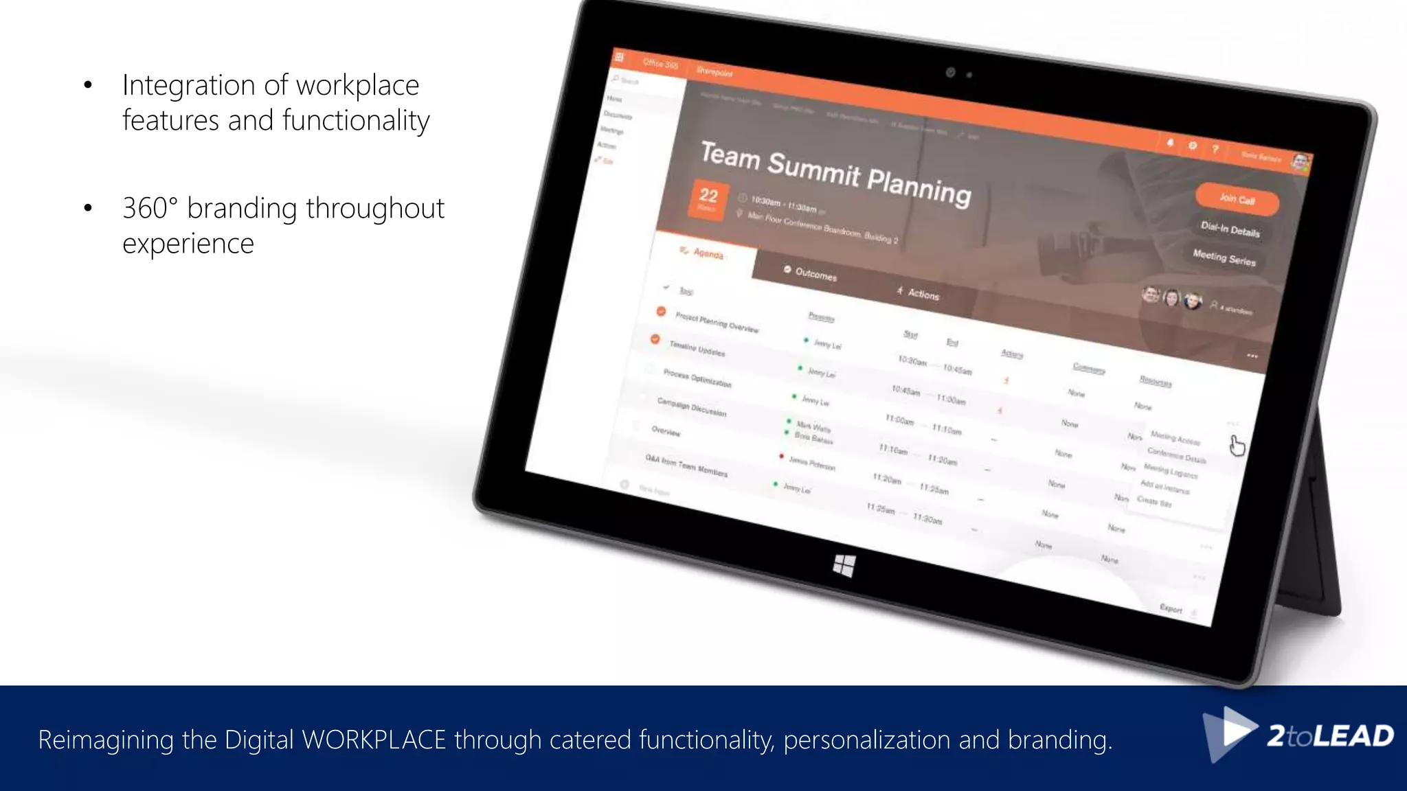 Reimagining the Digital WORKPLACE through catered functionality, personalization and branding.
• Integration of workplace
features and functionality
• 360° branding throughout
experience
 