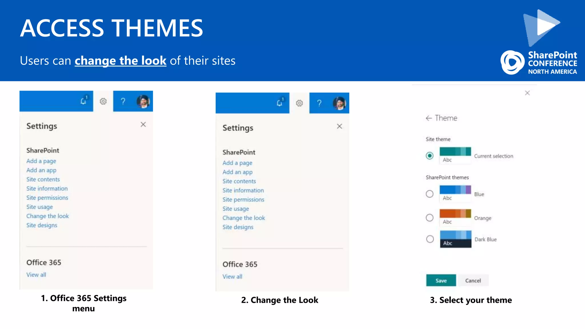 ACCESS THEMES
Users can change the look of their sites
1. Office 365 Settings
menu
2. Change the Look 3. Select your theme
 