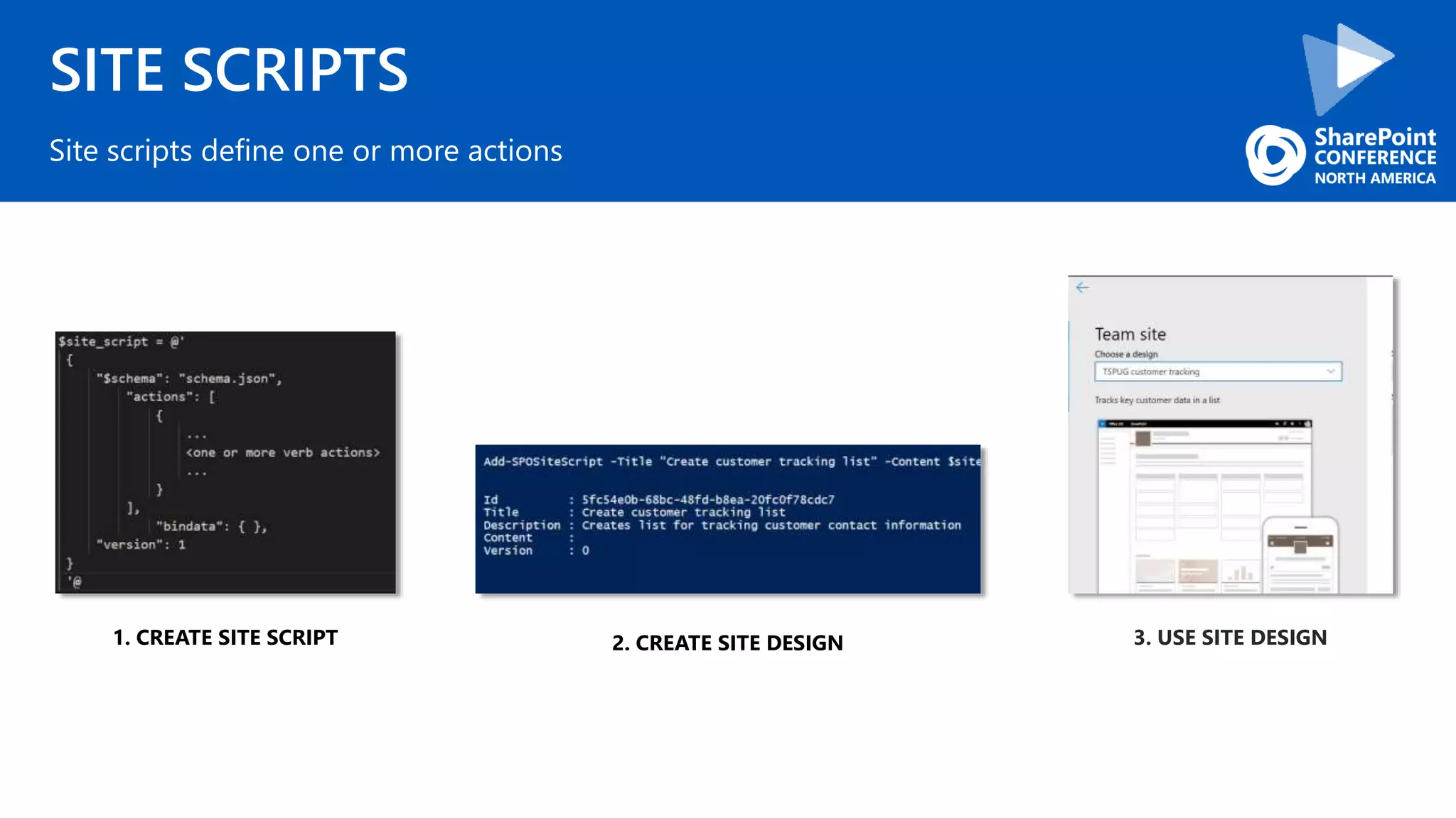 SITE SCRIPTS
Site scripts define one or more actions
1. CREATE SITE SCRIPT 2. CREATE SITE DESIGN 3. USE SITE DESIGN
 