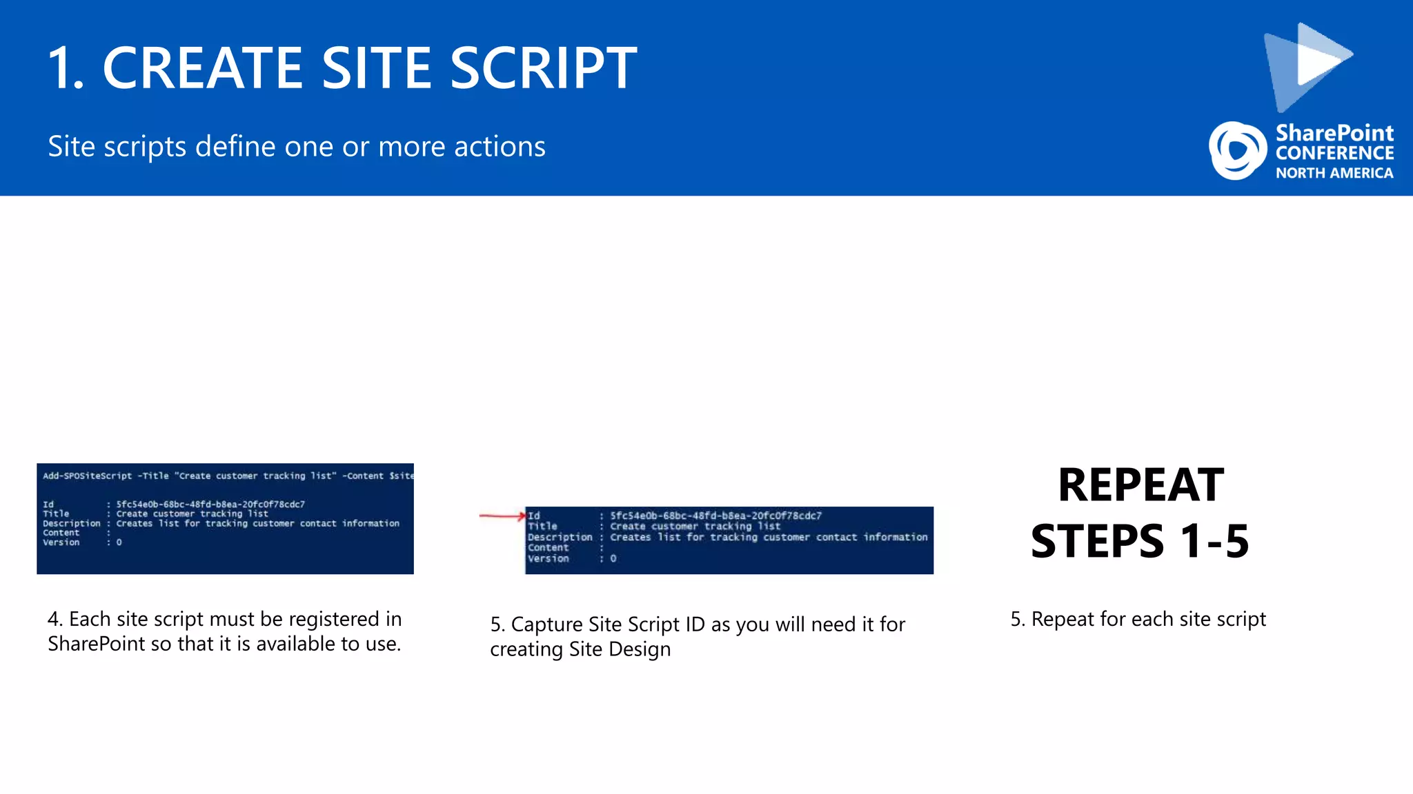1. CREATE SITE SCRIPT
Site scripts define one or more actions
4. Each site script must be registered in
SharePoint so that it is available to use.
5. Capture Site Script ID as you will need it for
creating Site Design
5. Repeat for each site script
REPEAT
STEPS 1-5
 