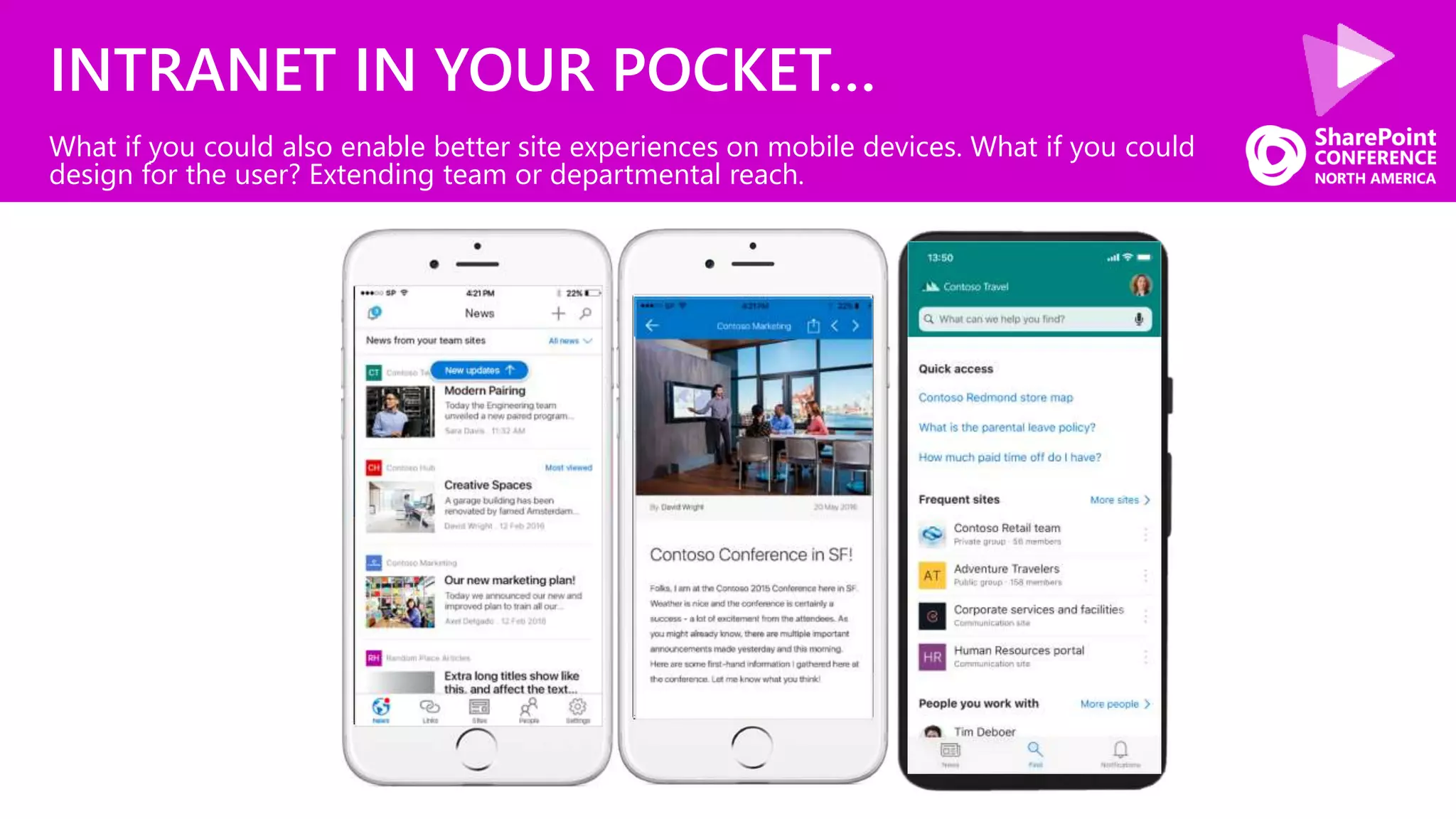 INTRANET IN YOUR POCKET…
What if you could also enable better site experiences on mobile devices. What if you could
design for the user? Extending team or departmental reach.
 