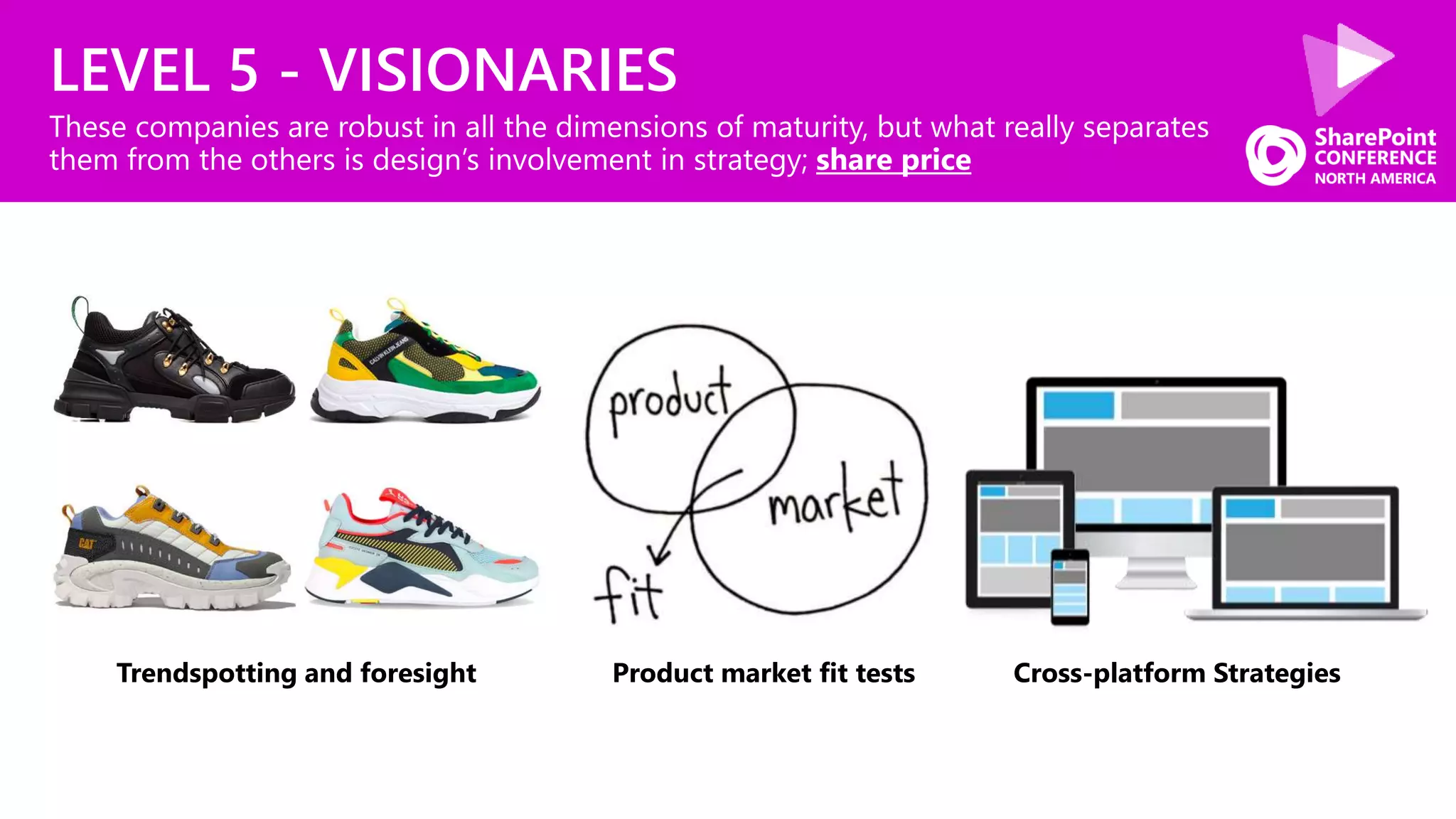 LEVEL 5 - VISIONARIES
These companies are robust in all the dimensions of maturity, but what really separates
them from the others is design’s involvement in strategy; share price
Trendspotting and foresight Product market fit tests Cross-platform Strategies
 
