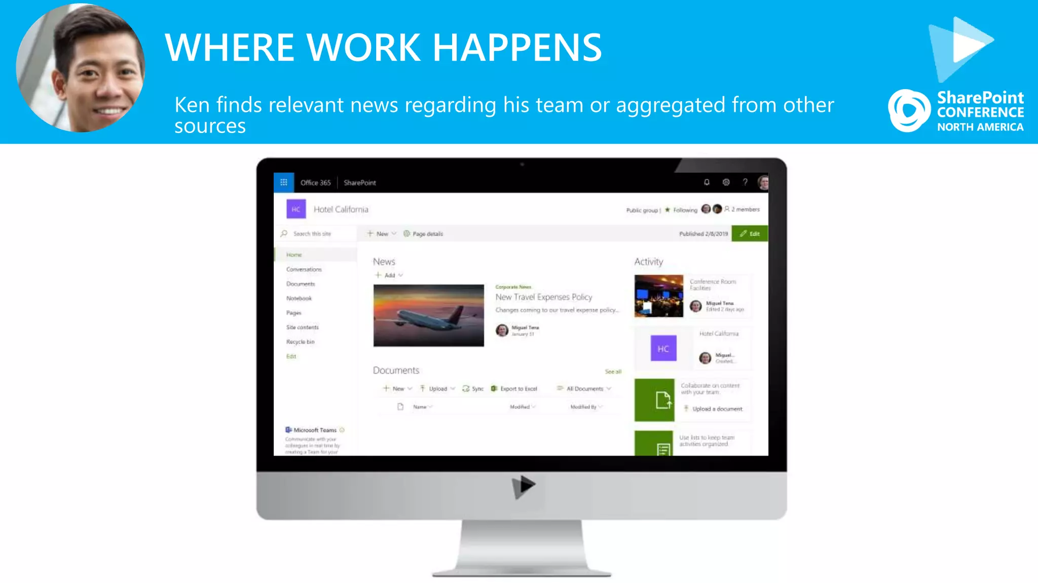 WHERE WORK HAPPENS
Ken finds relevant news regarding his team or aggregated from other
sources
 