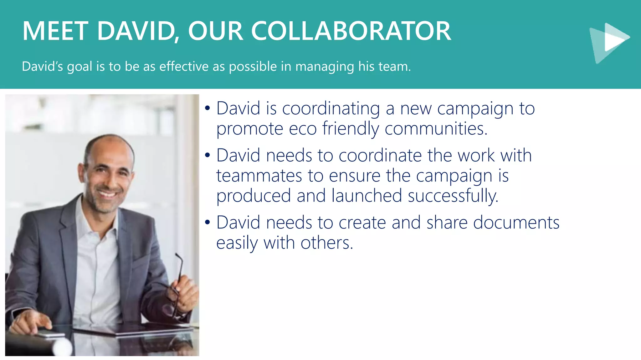 MEET DAVID, OUR COLLABORATOR
• David is coordinating a new campaign to
promote eco friendly communities.
• David needs to coordinate the work with
teammates to ensure the campaign is
produced and launched successfully.
• David needs to create and share documents
easily with others.
David’s goal is to be as effective as possible in managing his team.
 