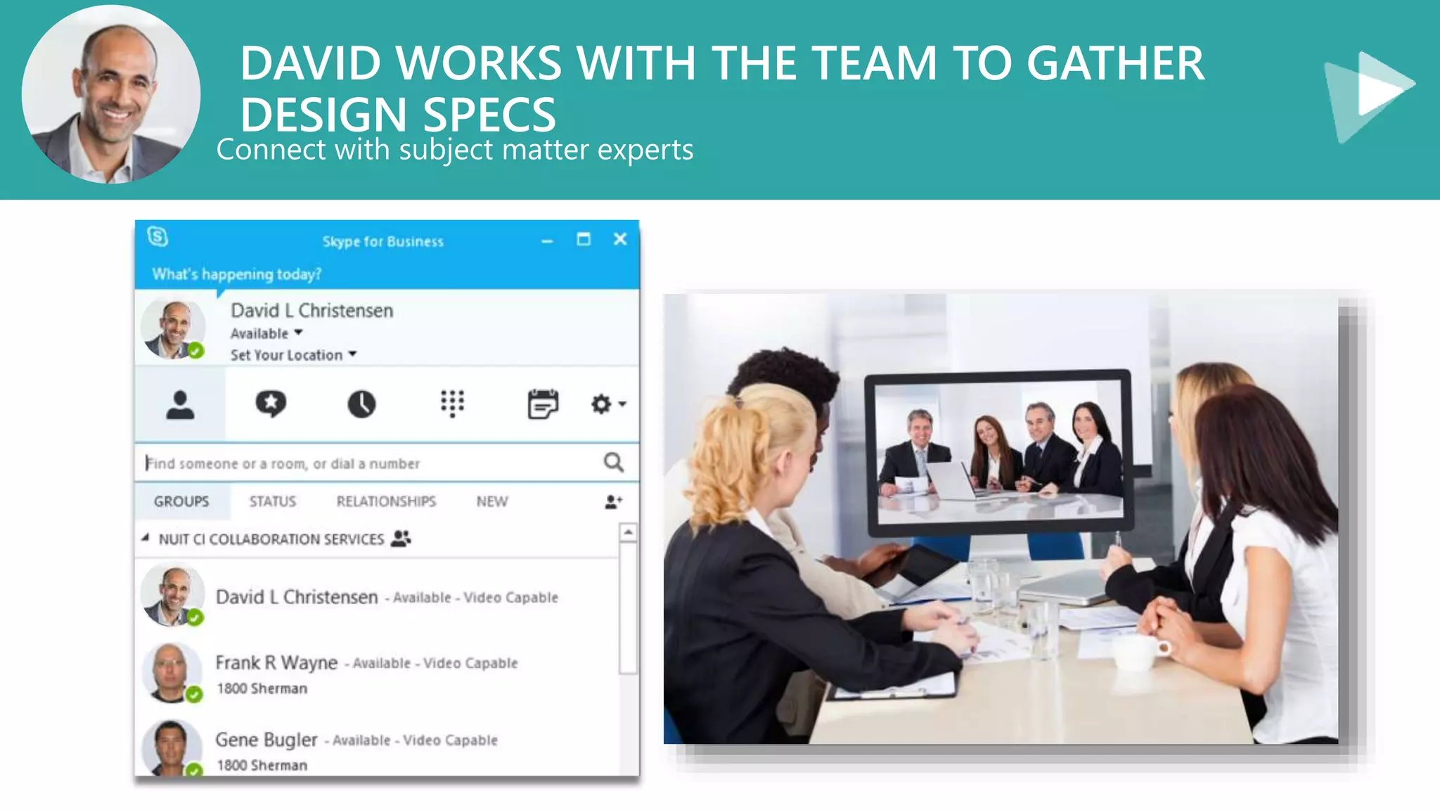 DAVID WORKS WITH THE TEAM TO GATHER
DESIGN SPECS
Connect with subject matter experts
 