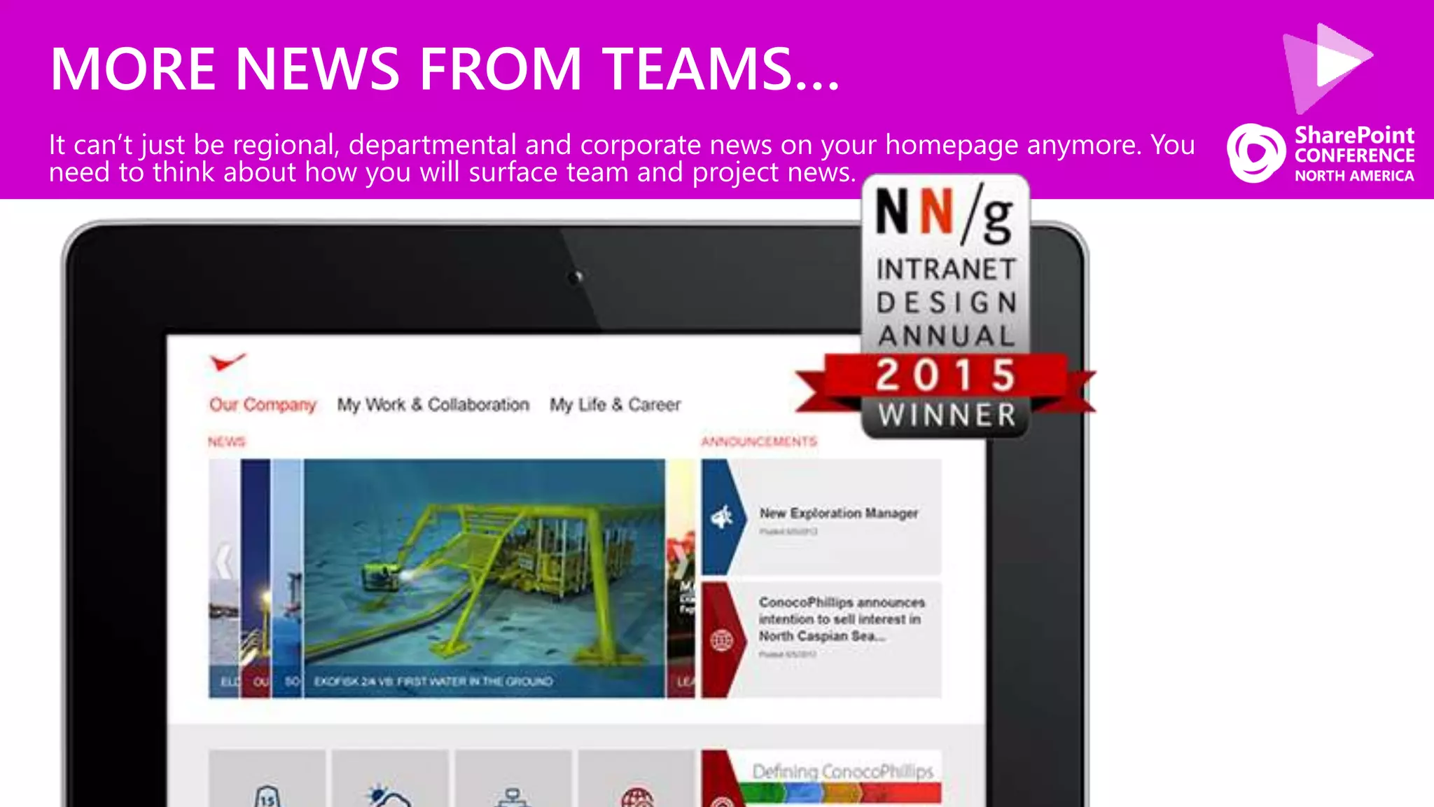 MORE NEWS FROM TEAMS…
It can’t just be regional, departmental and corporate news on your homepage anymore. You
need to think about how you will surface team and project news.
 