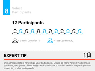 = Test Condition (6)
Select
Participants8
EXPERT TIP
Use spreadsheets to randomize your participants. Create as many random numbers as
you have participants. Then assign each participant a number and list the participants in
ascending or descending order.
12 Participants
= Control Condition (6)
 