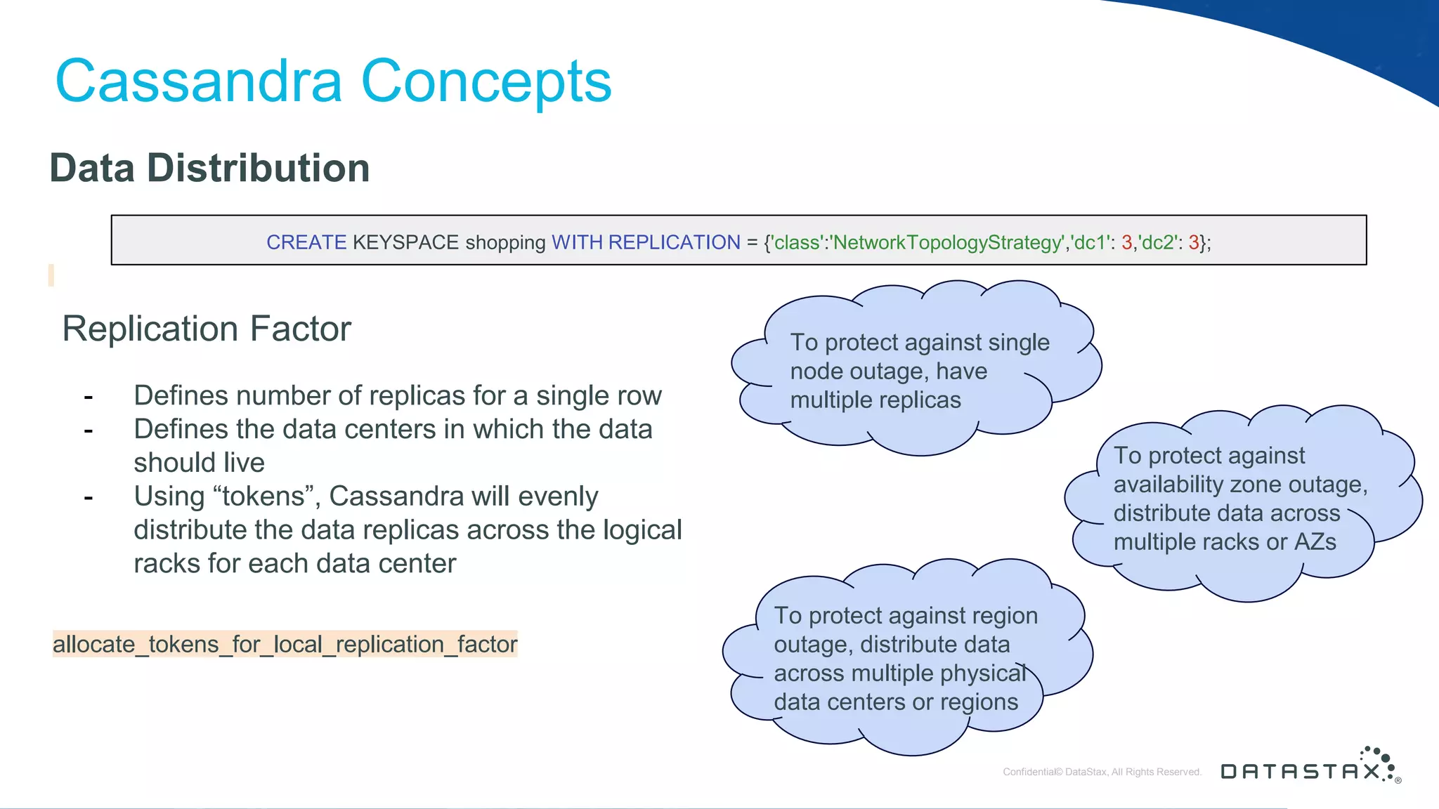 © DataStax, All Rights Reserved.ConfidentialConfidential© DataStax, All Rights Reserved. Cassandra Concepts Data Distribution Replication Factor - Defines number of replicas for a single row - Defines the data centers in which the data should live - Using “tokens”, Cassandra will evenly distribute the data replicas across the logical racks for each data center CREATE KEYSPACE shopping WITH REPLICATION = {'class':'NetworkTopologyStrategy','dc1': 3,'dc2': 3}; allocate_tokens_for_local_replication_factor To protect against region outage, distribute data across multiple physical data centers or regions To protect against availability zone outage, distribute data across multiple racks or AZs To protect against single node outage, have multiple replicas 