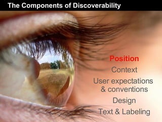 Position Context User expectations  & conventions Design Text & Labeling The Components of Discoverability 
