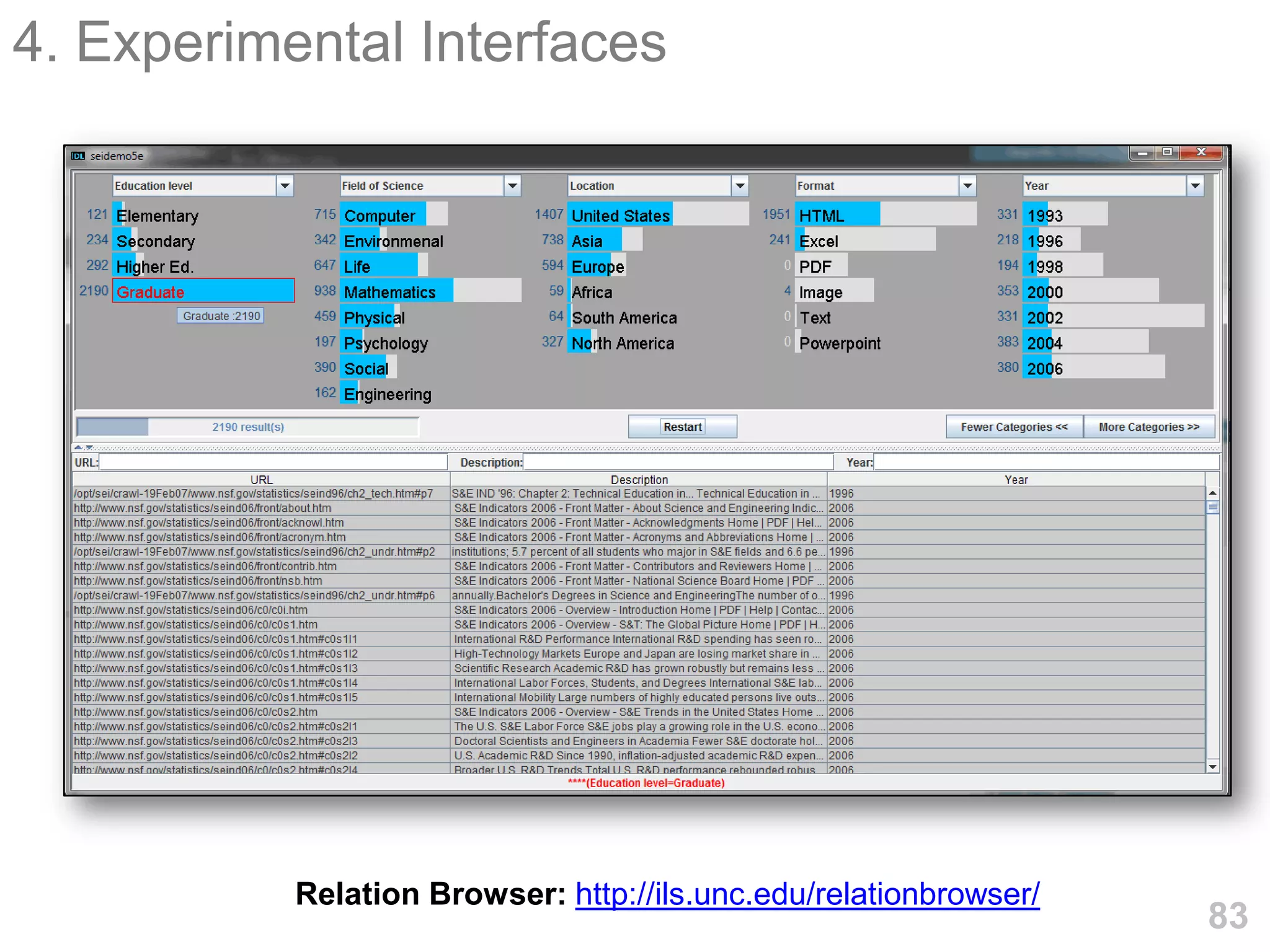 4. Experimental Interfaces




           Relation Browser: http://ils.unc.edu/relationbrowser/
                                                                   83
 