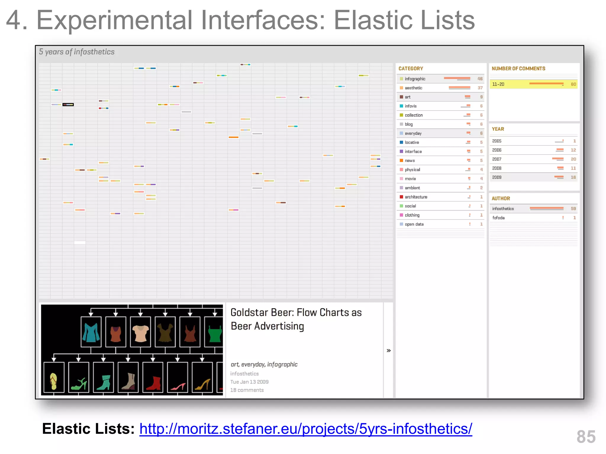 4. Experimental Interfaces: Elastic Lists




   Elastic Lists: http://moritz.stefaner.eu/projects/5yrs-infosthetics/
                                                                          85
 