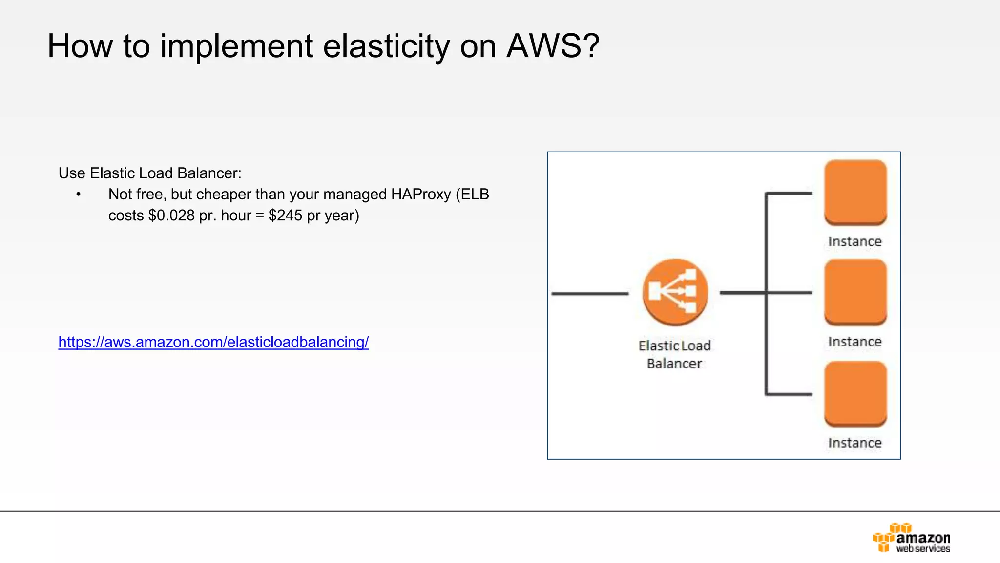 How to implement elasticity on AWS?
Use Elastic Load Balancer:
• Not free, but cheaper than your managed HAProxy (ELB
costs $0.028 pr. hour = $245 pr year)
https://aws.amazon.com/elasticloadbalancing/
 