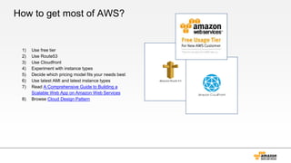 How to get most of AWS?
1) Use free tier
2) Use Route53
3) Use Cloudfront
4) Experiment with instance types
5) Decide which pricing model fits your needs best
6) Use latest AMI and latest instance types
7) Read A Comprehensive Guide to Building a
Scalable Web App on Amazon Web Services
8) Browse Cloud Design Pattern
 
