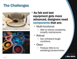 Slide 4
The Challenges
• As fab and test
equipment gets more
advanced, designers need
components that are:
 Multi-functional
 Able to reduce complexity,
simplify maintenance
 Robust
 Can withstand tough
conditions
 Clean
 Produce little to no
shedding/contamination
 