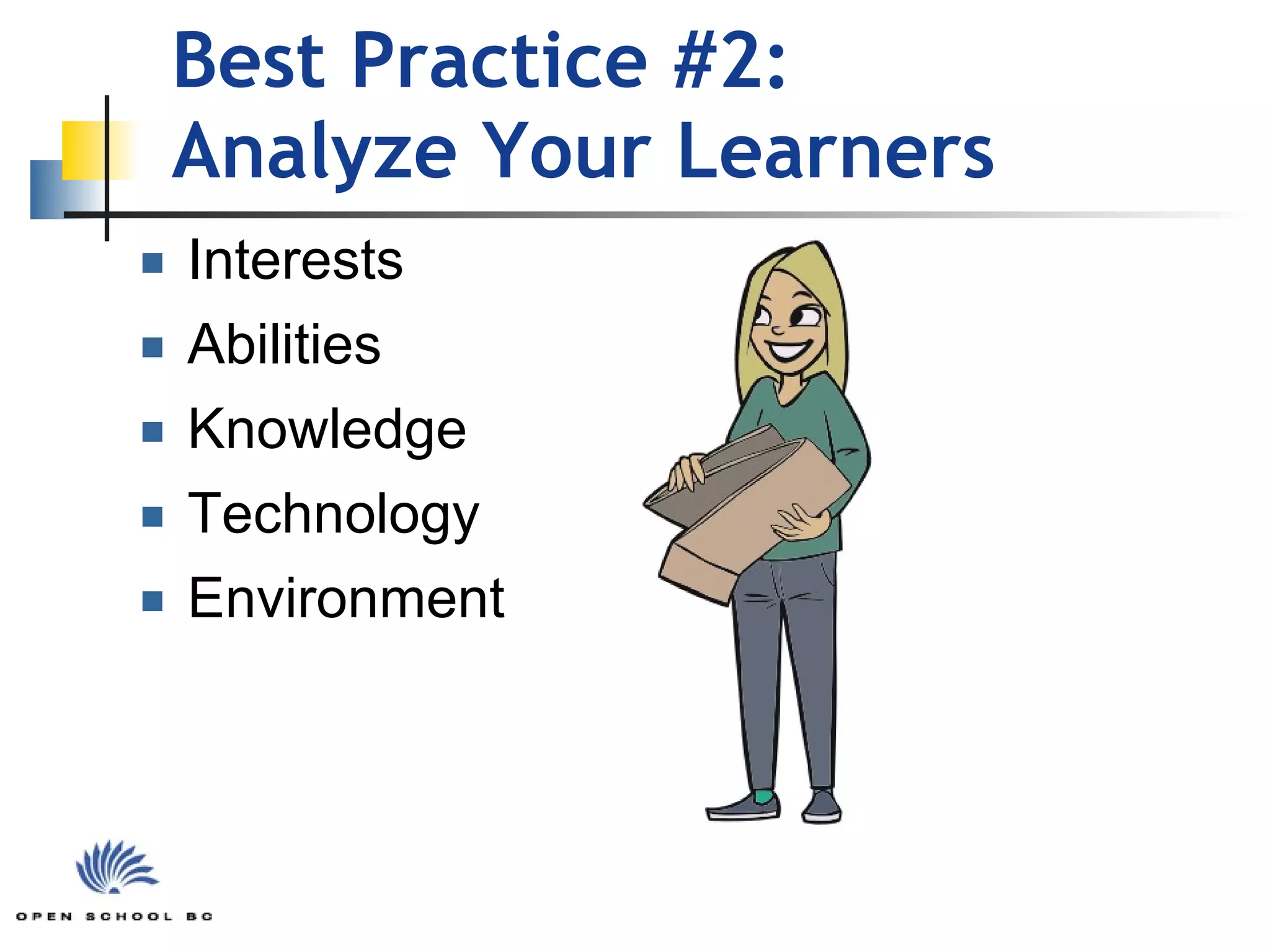 Best Practice #2:  Analyze Your Learners Interests Abilities Knowledge Technology Environment 