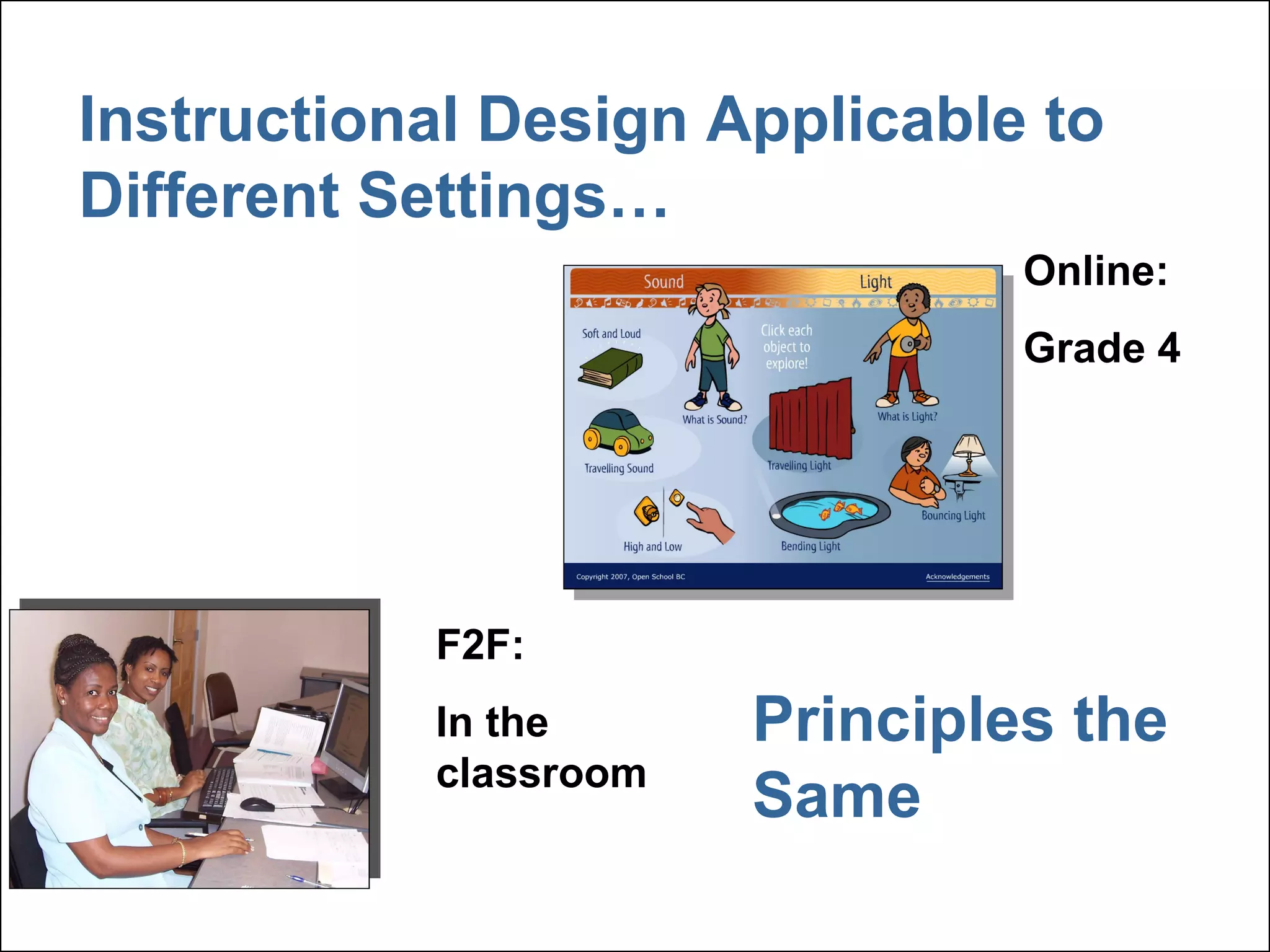 The Role of the Instructional Designer May vary from organization to organization A combined role of Project Manager and Instructional Designer Main purpose is to be “an advocate for the learner” Consider the learner’s needs throughout the whole development process Ensure learning outcomes are met, activities are appropriate, use of technology and media is appropriate etc. onal  Instructional Design Applicable to  Different Settings… Online: Grade 4  F2F: In the classroom Principles the Same 
