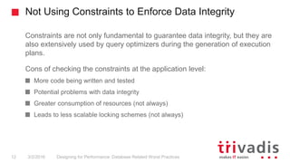 Not Using Constraints to Enforce Data Integrity
Designing for Performance: Database Related Worst Practices12 3/2/2016
Con...