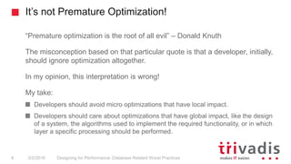 It’s not Premature Optimization!
Designing for Performance: Database Related Worst Practices8 3/2/2016
“Premature optimiza...