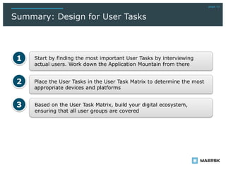 page 11
Summary: Design for User Tasks
Place the User Tasks in the User Task Matrix to determine the most
appropriate devices and platforms
Start by finding the most important User Tasks by interviewing
actual users. Work down the Application Mountain from there
1
2
Based on the User Task Matrix, build your digital ecosystem,
ensuring that all user groups are covered
3
 