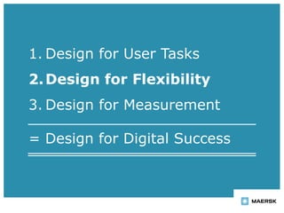 = Design for Digital Success
1. Design for User Tasks
2.Design for Flexibility
3. Design for Measurement
 