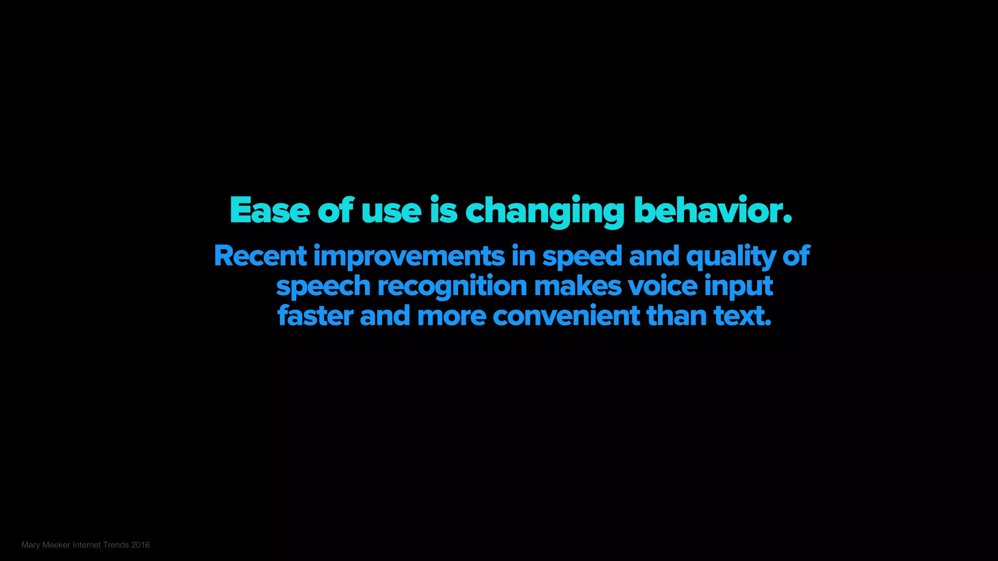 Recent improvements in the speed and
quality of speech recognition makes voice
input faster and more convenient than text.
Ease of use is changing behavior.
Mary Meeker Internet Trends 2016
 
