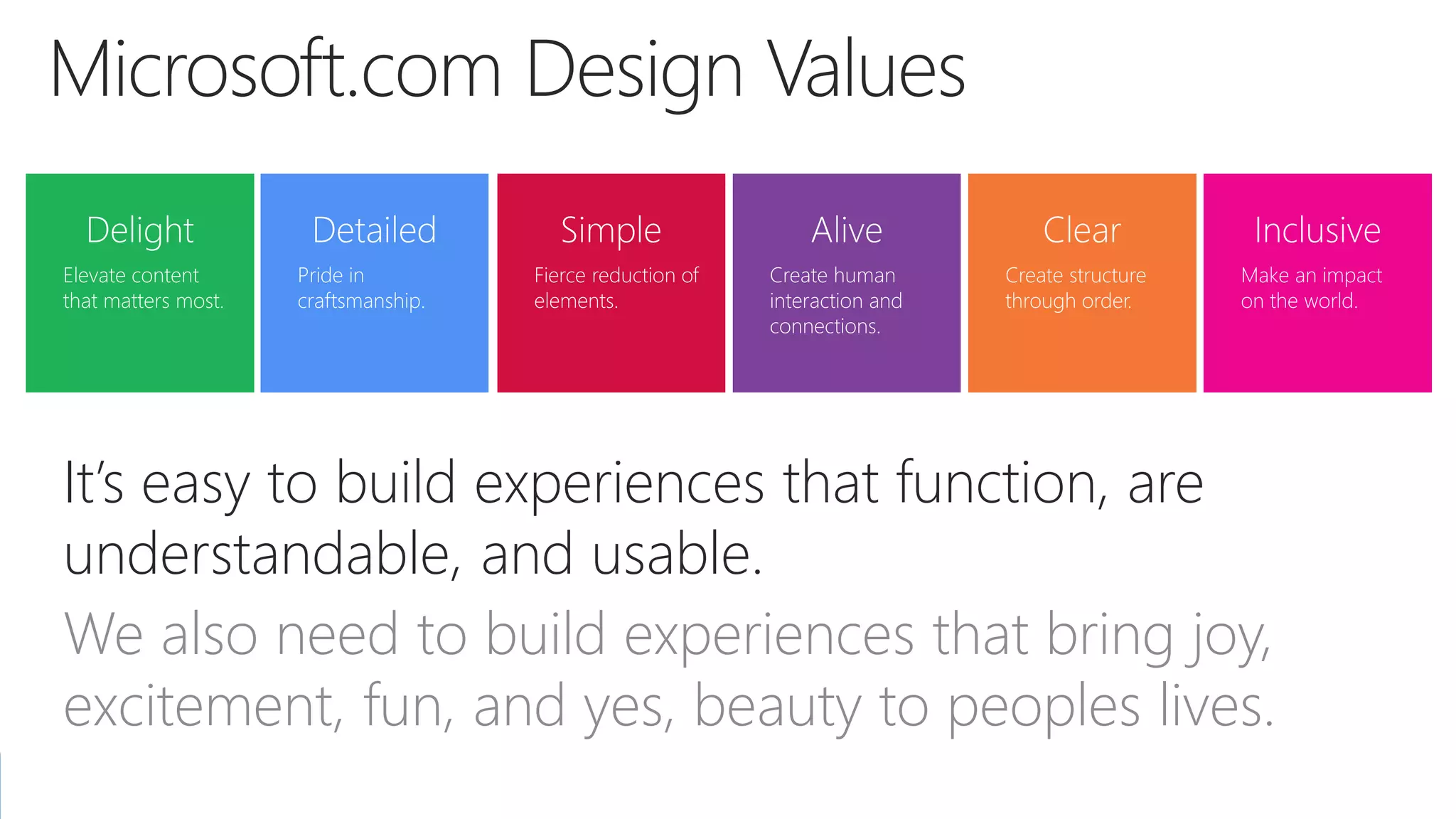 It’s easy to build experiences that function, are
understandable, and usable.
We also need to build experiences that bring joy,
excitement, fun, and yes, beauty to peoples lives.
 