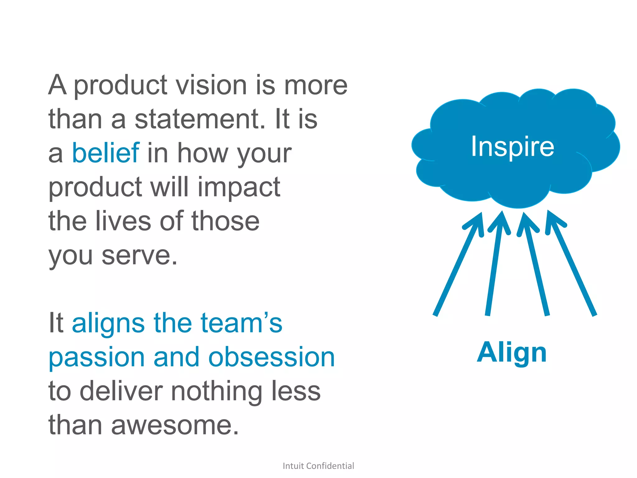 Inspire
Align
A product vision is more
than a statement. It is
a belief in how your
product will impact
the lives of those
you serve.
It aligns the team’s
passion and obsession
to deliver nothing less
than awesome.
Intuit Confidential
 