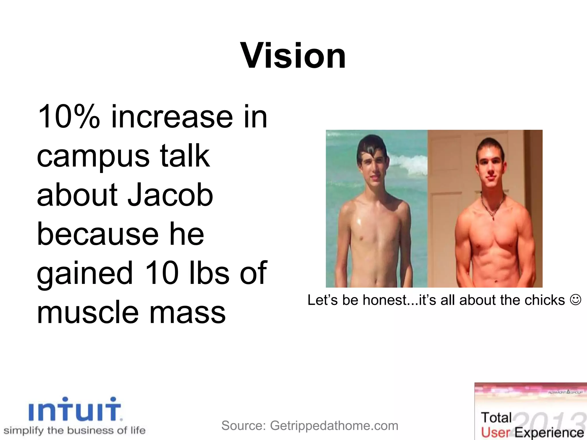 31
Vision
10% increase in
campus talk
about Jacob
because he
gained 10 lbs of
muscle mass
Let’s be honest...it’s all about the chicks 
Source: Getrippedathome.com
 