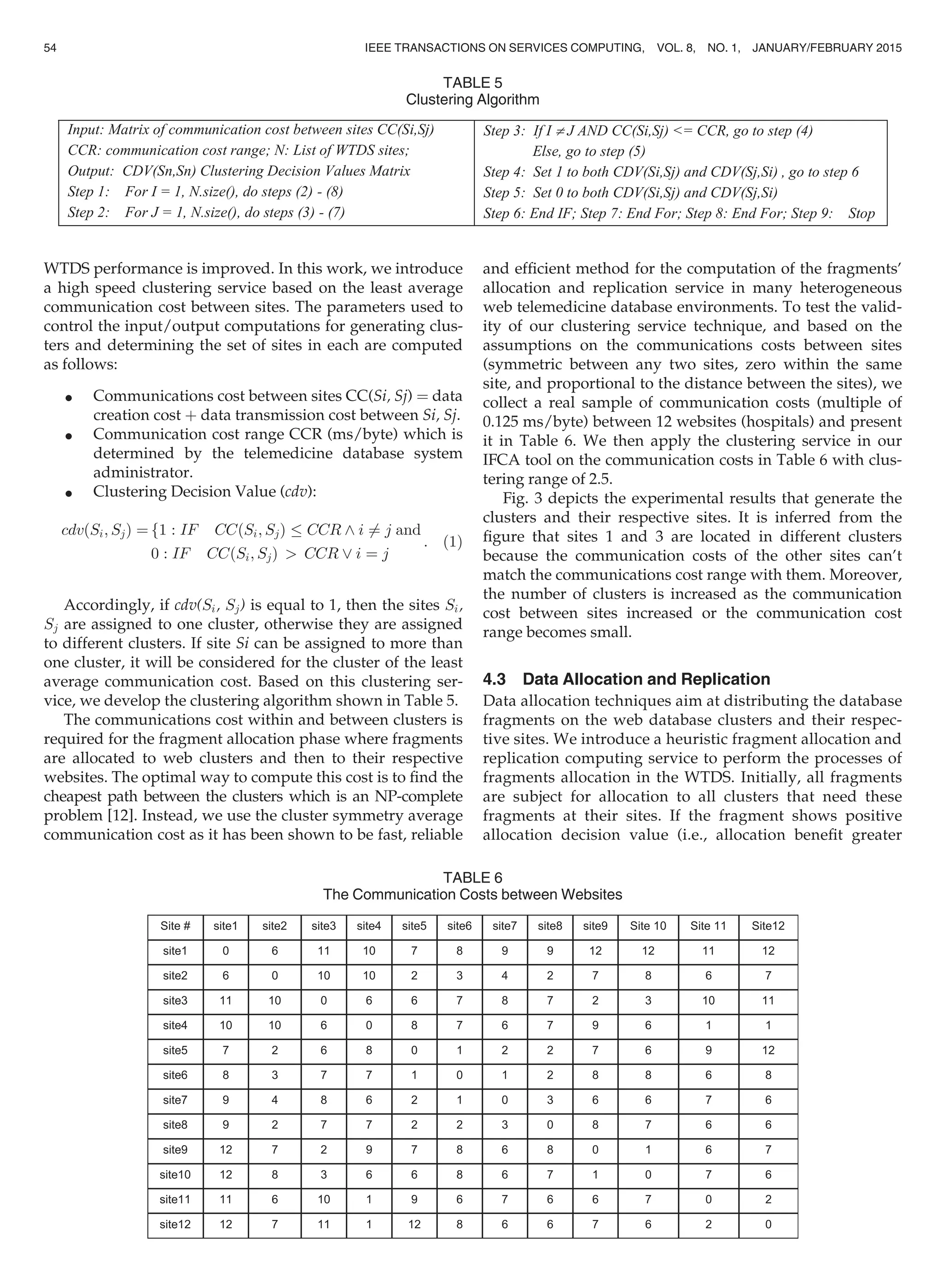 WTDS performance is improved. In this work, we introduce
a high speed clustering service based on the least average
communication cost between sites. The parameters used to
control the input/output computations for generating clus-
ters and determining the set of sites in each are computed
as follows:
 Communications cost between sites CC(Si, Sj) ¼ data
creation cost þ data transmission cost between Si, Sj.
 Communication cost range CCR (ms/byte) which is
determined by the telemedicine database system
administrator.
 Clustering Decision Value (cdv):
cdvðSi; SjÞ ¼ f1 : IF CCðSi; SjÞ CCR ^ i 6¼ j and
0 : IF CCðSi; SjÞ  CCR _ i ¼ j
: (1)
Accordingly, if cdv(Si, Sj) is equal to 1, then the sites Si,
Sj are assigned to one cluster, otherwise they are assigned
to different clusters. If site Si can be assigned to more than
one cluster, it will be considered for the cluster of the least
average communication cost. Based on this clustering ser-
vice, we develop the clustering algorithm shown in Table 5.
The communications cost within and between clusters is
required for the fragment allocation phase where fragments
are allocated to web clusters and then to their respective
websites. The optimal way to compute this cost is to ﬁnd the
cheapest path between the clusters which is an NP-complete
problem [12]. Instead, we use the cluster symmetry average
communication cost as it has been shown to be fast, reliable
and efﬁcient method for the computation of the fragments’
allocation and replication service in many heterogeneous
web telemedicine database environments. To test the valid-
ity of our clustering service technique, and based on the
assumptions on the communications costs between sites
(symmetric between any two sites, zero within the same
site, and proportional to the distance between the sites), we
collect a real sample of communication costs (multiple of
0.125 ms/byte) between 12 websites (hospitals) and present
it in Table 6. We then apply the clustering service in our
IFCA tool on the communication costs in Table 6 with clus-
tering range of 2.5.
Fig. 3 depicts the experimental results that generate the
clusters and their respective sites. It is inferred from the
ﬁgure that sites 1 and 3 are located in different clusters
because the communication costs of the other sites can’t
match the communications cost range with them. Moreover,
the number of clusters is increased as the communication
cost between sites increased or the communication cost
range becomes small.
4.3 Data Allocation and Replication
Data allocation techniques aim at distributing the database
fragments on the web database clusters and their respec-
tive sites. We introduce a heuristic fragment allocation and
replication computing service to perform the processes of
fragments allocation in the WTDS. Initially, all fragments
are subject for allocation to all clusters that need these
fragments at their sites. If the fragment shows positive
allocation decision value (i.e., allocation beneﬁt greater
TABLE 5
Clustering Algorithm
TABLE 6
The Communication Costs between Websites
54 IEEE TRANSACTIONS ON SERVICES COMPUTING, VOL. 8, NO. 1, JANUARY/FEBRUARY 2015
 