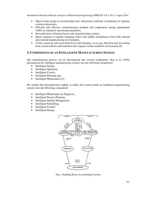 International Journal of Recent advances in Mechanical Engineering (IJMECH) Vol.3, No.3, August 2014 
• Open system design to accommodate new subsystems (software or hardware) or separate 
161 
existing subsystems, 
• Efficient and effective communication medium and cooperation among departments 
within an enterprise and among enterprises, 
• Personification of human factors into manufacturing systems, 
• Quick response to rapidly changing orders and sudden disturbances from both internal 
and external manufacturing environments, 
• At the system & subsystem both levels full tolerance, as to easy detection and recovering 
from system failures and minimize their impacts on the workflow environment [4]. 
3. COMPONENTS OF AN INTELLIGENT MANUFACTURING SYSTEM 
The manufacturing process can be decomposed into several components. Rao et al. (1993) 
decomposed the intelligent manufacturing systems into the following components: 
• Intelligent Design, 
• Intelligent Operation, 
• Intelligent Control, 
• Intelligent Planning and, 
• Intelligent Maintenance [3]. 
We modify this decomposition slightly to reflect the current trends on intelligent manufacturing 
systems into the following components: 
• Intelligent Maintenance & Diagnosis, 
• Intelligent Process Planning, 
• Intelligent Quality Management, 
• Intelligent Scheduling, 
• Intelligent Control, 
• Intelligent Design. 
Fig. 2: Building Block of an Intelligent System 
 