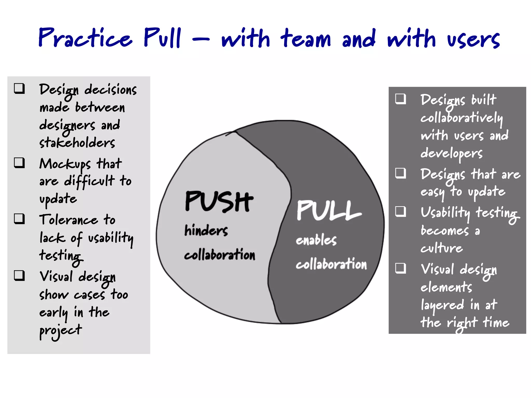 Practice Pull – with team and with users
q  Design decisions
    made between                  q  Designs built
    designers and                     collaboratively
    stakeholders                      with users and
                                      developers
q  Mockups that
    are difficult to              q  Designs that are
    update                            easy to update
q  Tolerance to                  q  Usability testing
    lack of usability                 becomes a
    testing                           culture
q  Visual design                 q  Visual design
    show cases too                    elements
    early in the                      layered in at
    project                           the right time
 