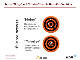 Choices in Real Measurement Often Harder 
More accurate  
 More precise 
“Noisy” but 
“Unbiased” 
“Precise” but 
“Biased...