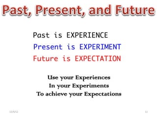 Past is EXPERIENCE
              Present is EXPERIMENT
              Future is EXPECTATION

                  Use your Experiences
                  In your Experiments
              To achieve your Expectations

12/5/12	
                                    11	
  
 