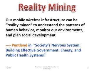 Our	
  mobile	
  wireless	
  infrastructure	
  can	
  be	
  
“reality	
  mined”	
  to	
  understand	
  the	
  paOerns	
  of	
  
human	
  behavior,	
  monitor	
  our	
  environments,	
  
and	
  plan	
  social	
  development.	
  	
  
	
  
-­‐-­‐-­‐-­‐	
  Pentland	
  in	
  	
  “Society’s	
  Nervous	
  System:	
  
Building	
  Eﬀec0ve	
  Government,	
  Energy,	
  and	
  
Public	
  Health	
  Systems”	
  

                           Proprietary	
  and	
  Conﬁden1al,	
  Not	
  For	
  
12/5/12	
                                                                        14	
  
                                           Distribu1on	
  
 