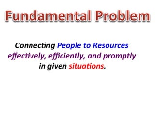 Connec4ng	
  People	
  to	
  Resources	
  	
  
eﬀec4vely,	
  eﬃciently,	
  and	
  promptly	
  	
  
       in	
  given	
  situa4ons.	
  
 