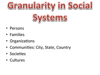 •    Persons	
  
•    Families	
  
•    Organiza1ons	
  
•    Communi1es:	
  City,	
  State,	
  Country	
  
•    Socie1es	
  
•    Cultures	
  
 