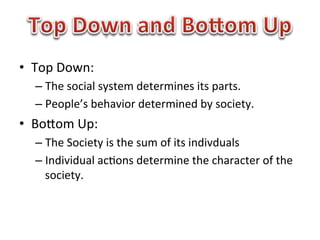 •  Top	
  Down:	
  
   –  The	
  social	
  system	
  determines	
  its	
  parts.	
  
   –  People’s	
  behavior	
  determined	
  by	
  society.	
  
•  BoBom	
  Up:	
  
   –  The	
  Society	
  is	
  the	
  sum	
  of	
  its	
  indivduals	
  
   –  Individual	
  ac1ons	
  determine	
  the	
  character	
  of	
  the	
  
      society.	
  
 