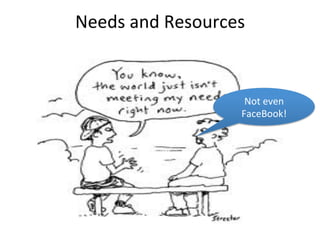 Needs	
  and	
  Resources	
  


                            Not	
  even	
  
                           FaceBook!	
  
 