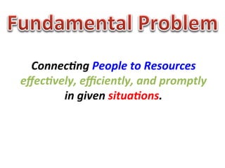 Connec4ng	
  People	
  to	
  Resources	
  	
  
eﬀec4vely,	
  eﬃciently,	
  and	
  promptly	
  	
  
       in	
  given	
  situa4ons.	
  
 