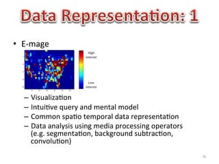 •  E-­‐mage	
  
	
  
	
  
	
  
	
  	
  
    –  Visualiza1on	
  
    –  Intui1ve	
  query	
  and	
  mental	
  model	
  
    –  Common	
  spa1o	
  temporal	
  data	
  representa1on	
  
    –  Data	
  analysis	
  using	
  media	
  processing	
  operators	
  	
  
       (e.g.	
  segmenta1on,	
  background	
  subtrac1on,	
  
       convolu1on)	
  
                                                                               76	
  	
  	
  	
  
 
