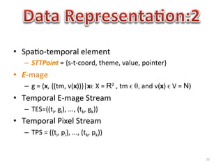 •  Spa1o-­‐temporal	
  element	
  
    –  STTPoint	
  =	
  {s-­‐t-­‐coord,	
  theme,	
  value,	
  pointer}	
  
•  E-­‐mage	
  
    –  g	
  =	
  (x,	
  {(tm,	
  v(x))}|xϵ X	
  =	
  R2	
  ,	
  tm ϵ	
  θ,	
  and	
  v(x)	
  ϵ	
  V	
  =	
  N)	
  
•  Temporal	
  E-­‐mage	
  Stream	
  
    –  TES=((ti,	
  gi),	
  ...,	
  (tk,	
  gk))	
  
•  Temporal	
  Pixel	
  Stream	
  
    –  TPS	
  =	
  ((ti,	
  pi),	
  ...,	
  (tk,	
  pk))	
  


                                                                                                                     77	
  
 