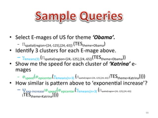 •  Select	
  E-­‐mages	
  of	
  US	
  for	
  theme	
  ‘Obama’.	
  
     –  ∏spa1al(region=[24,-­‐125],[24,-­‐65])	
     (TEStheme=Obama)	
  
•  Iden1fy	
  3	
  clusters	
  for	
  each	
  E-­‐mage	
  above.	
  
     –  γkmeans(3)	
  (∏spa1al(region=[24,-­‐125],[24,-­‐65])(TEStheme=Obama))	
  
•  Show	
  me	
  the	
  speed	
  for	
  each	
  cluster	
  of	
  ‘Katrina’	
  e-­‐
   mages	
  
                  (
     –  @speed @epicenter         (γkmeans(n=3)	
  (∏spa1al(region=[24,-­‐125],[24,-­‐65])	
  (TEStheme=Katrina))))	
  
•  How	
  similar	
  is	
  paBern	
  above	
  to	
  ‘exponen1al	
  increase’?	
  
     –  ψexp-­‐increase(@speed(@epicenter(γkmeans(n=3)	
  (∏spa1al(region=[24,-­‐125],[24,-­‐65])	
  
        (TEStheme=Katrina))))	
  




                                                                                                                      90	
  
 