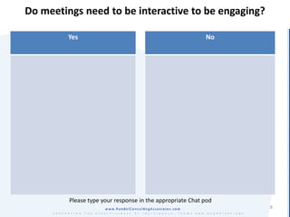 Do meetings need to be interactive to be engaging?

         Yes                                               No




         Please type your response in the appropriate Chat pod
                                                                 8
 