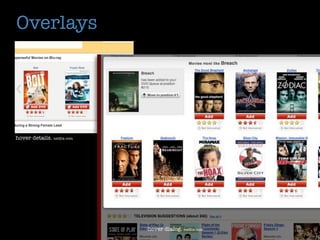 Overlays




hover details. netﬂix.com




                            hover dialog. netﬂix.com
 