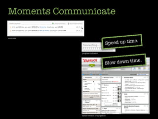Moments Communicate

mint.com


                                        Speed up time.

             progress indicator



                                                         .
                                       Slow down time




             earlier version of my yahoo!
 
