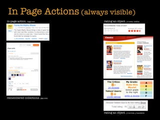 In Page Actions (always visible)
in-page action. digg.com          rating an object. y!news, netﬂix




remembered collections. gap.com




                                  rating an object. y!movies, y!answers
 